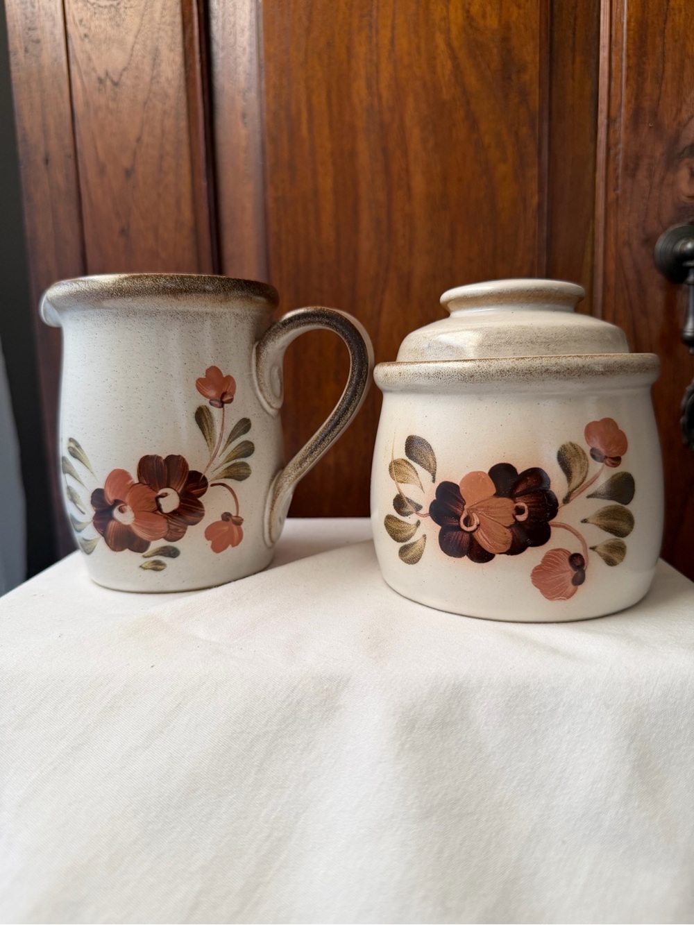 Vintage Denby England Creamer & Lidded Sugar Bowl Brown Floral Stoneware